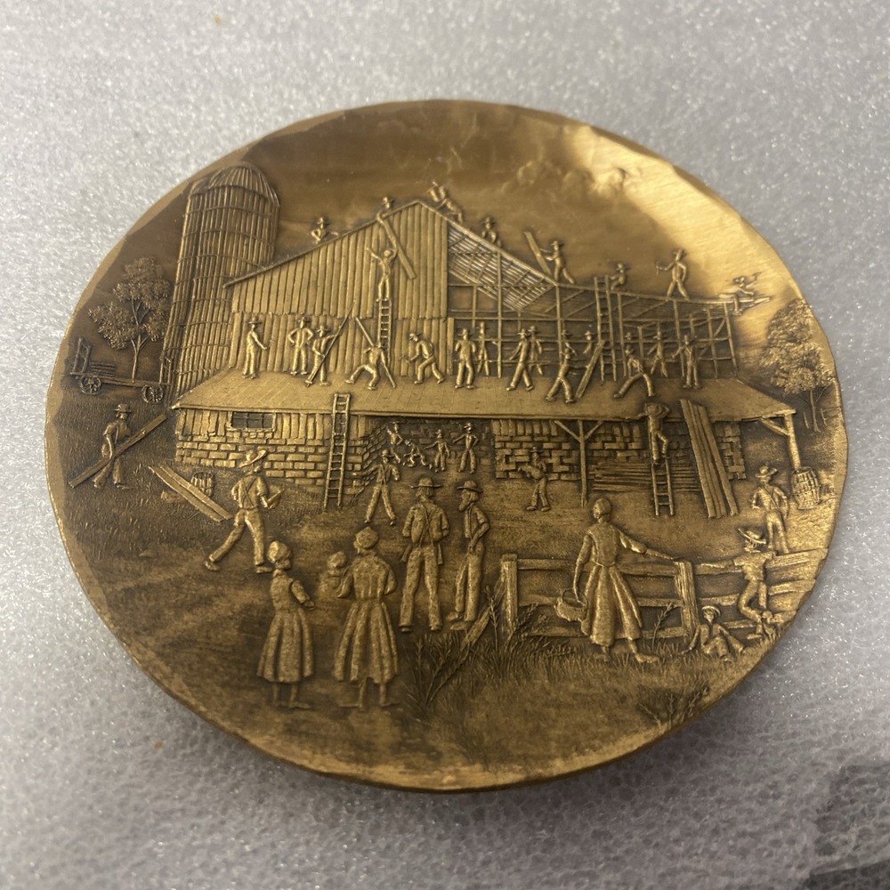 homer august vtg bronze 4.5" trinket holder amish barn building